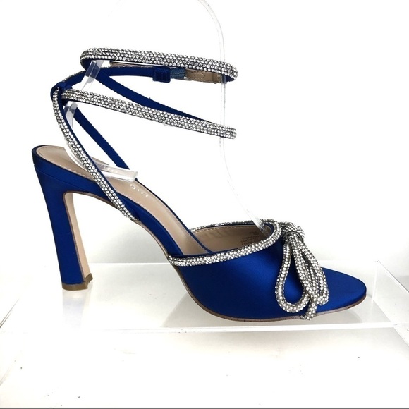 Madden Girl True Rhinestone Bow Evening Dress Blue Satin Sandals Heels Sz 8 - Picture 5 of 8